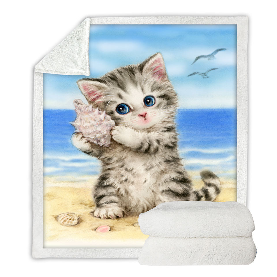 Cat Drawings Cute Lightweight Blankets Grey Kitten at the Beach