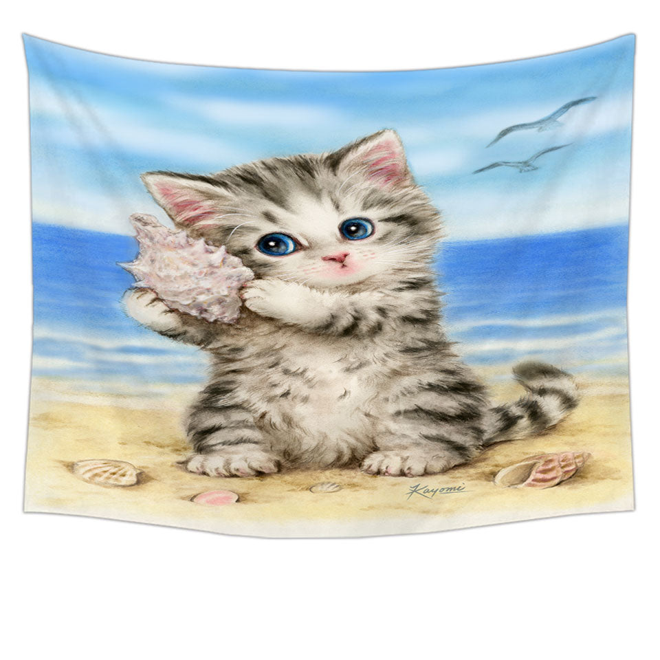 Cat Drawings Cute Tapestry Grey Kitten at the Beach Wall Decor