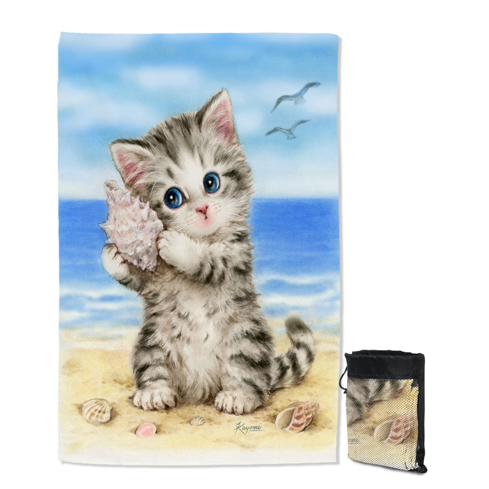 Cat Drawings Cute Thin Beach Towels Grey Kitten at the Beach