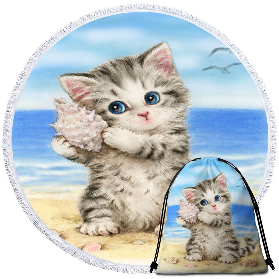 Cat Drawings Cute Travel Beach Towel Grey Kitten at the Beach