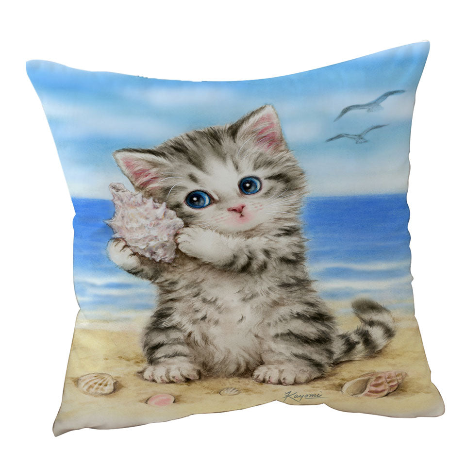 Cat Drawings Cute throw Pillows Grey Kitten at the Beach