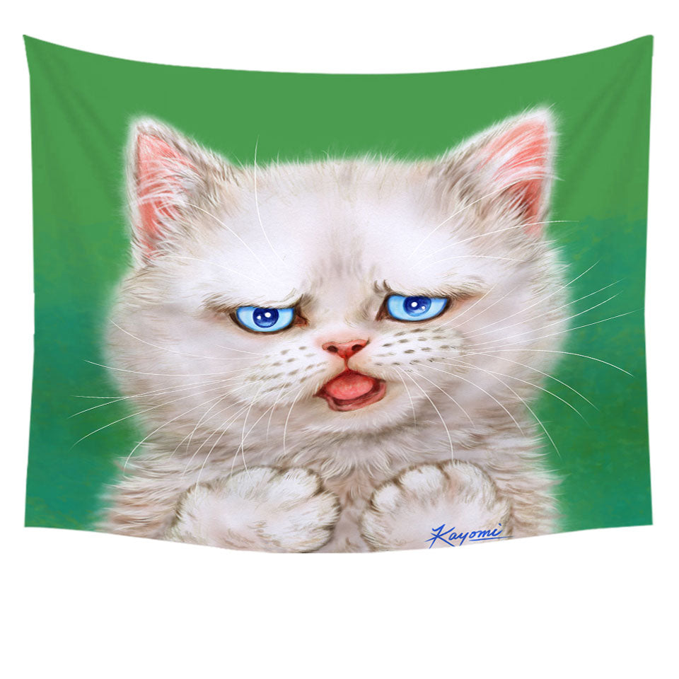 Cat Drawings Tapestry Decor with Innocent White Kitten