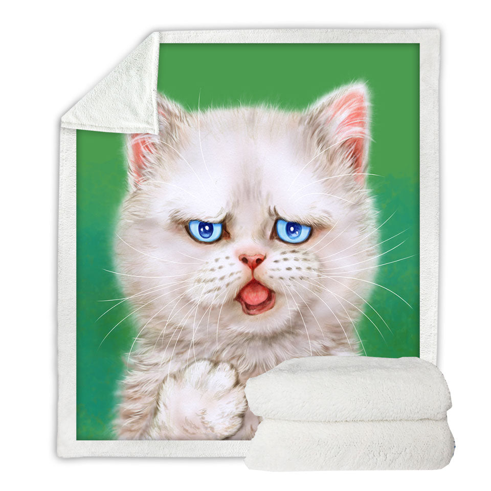 Cat Drawings Throw Blanket with Innocent White Kitten