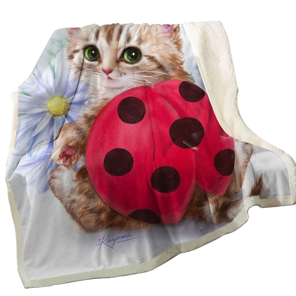 Cat Fleece Blankets for Kids Daisy Flowers and Ladybug Kitten
