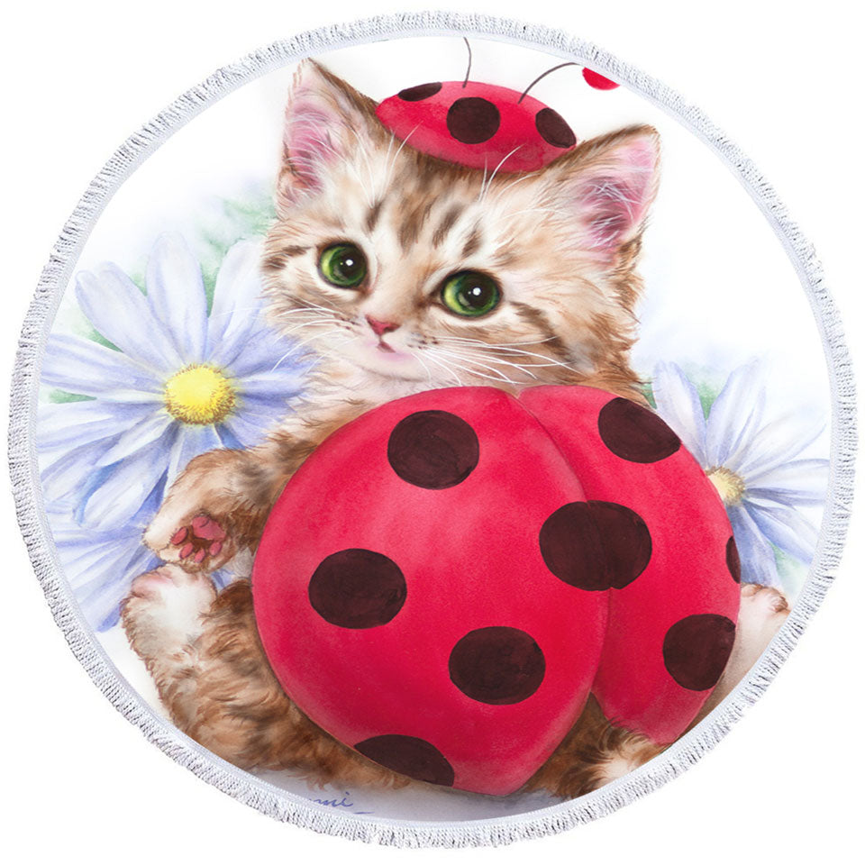 Cat Microfiber Beach Towel for Kids Daisy Flowers and Ladybug Kitten