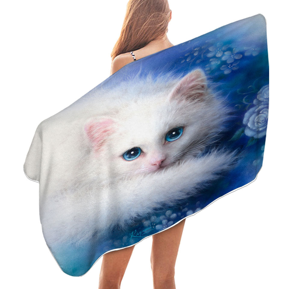 Cat Painting Beach Towels Blue Eyes White Lady Kitty