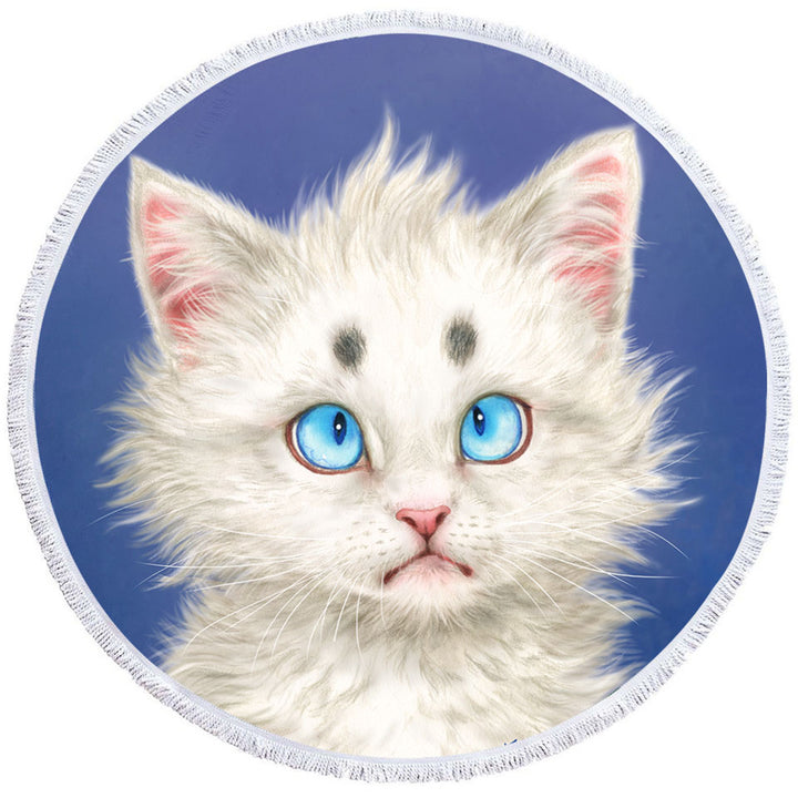 Cat Painting Lovely White Kitten Round Beach Towel