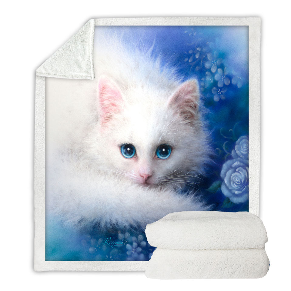 Cat Painting Sherpa Blanket Blue Eyes White Lady Kitty
