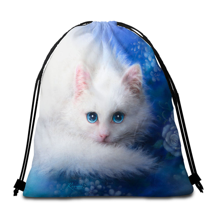 Cat Painting Travel Beach Towel Blue Eyes White Lady Kitty