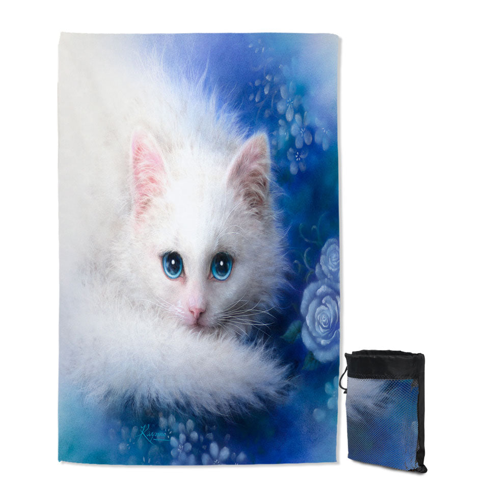 Cat Painting Unique Lightweight Beach Towel Blue Eyes White Lady Kitty