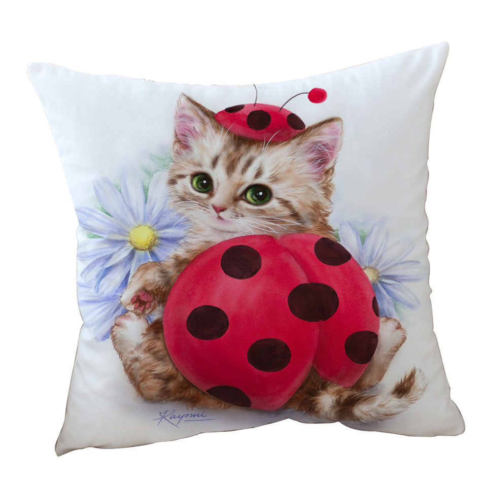 Cat Pillows for Kids Daisy Flowers and Ladybug Kitten