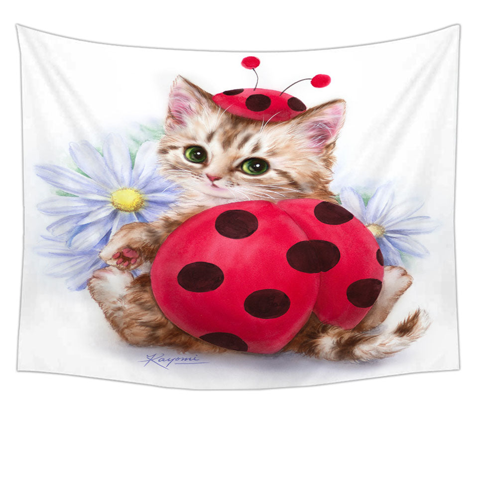 Cat Tapestry for Kids Daisy Flowers and Ladybug Kitten