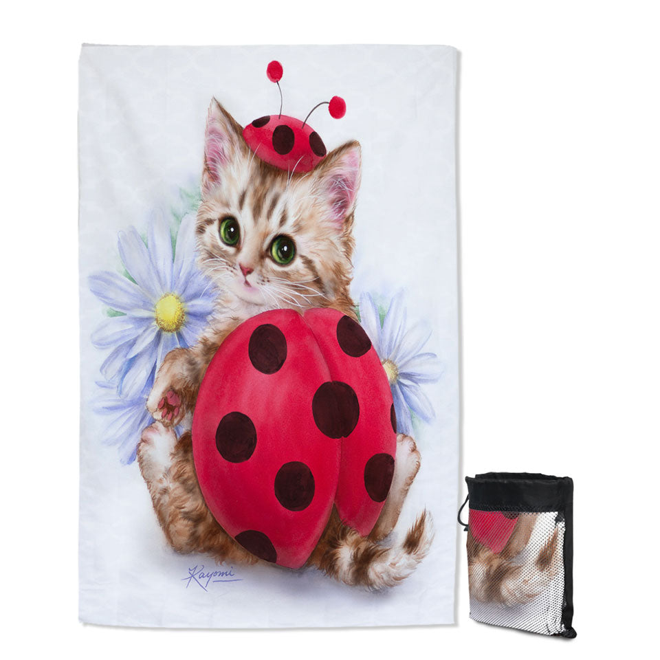 Cat Thin Beach Towels for Kids Daisy Flowers and Ladybug Kitten