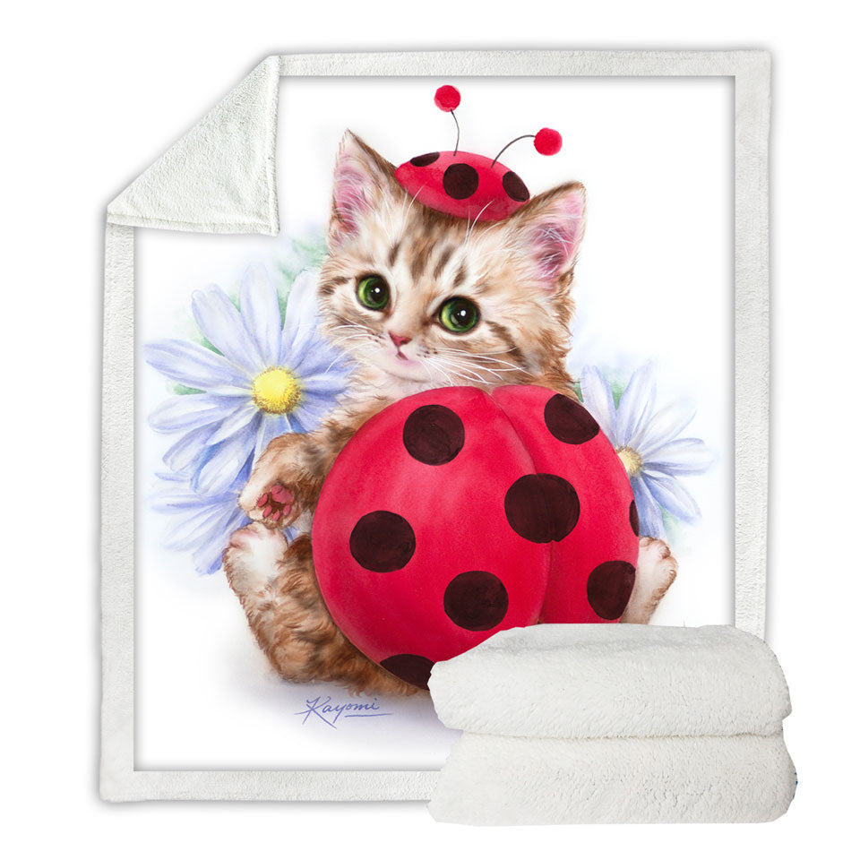 Cat Throw Blanket for Kids Daisy Flowers and Ladybug Kitten