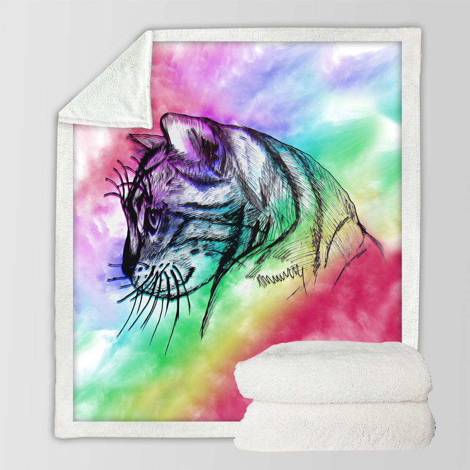 Cat Throw Blankets Art Cat Drawing over Rainbow Fog