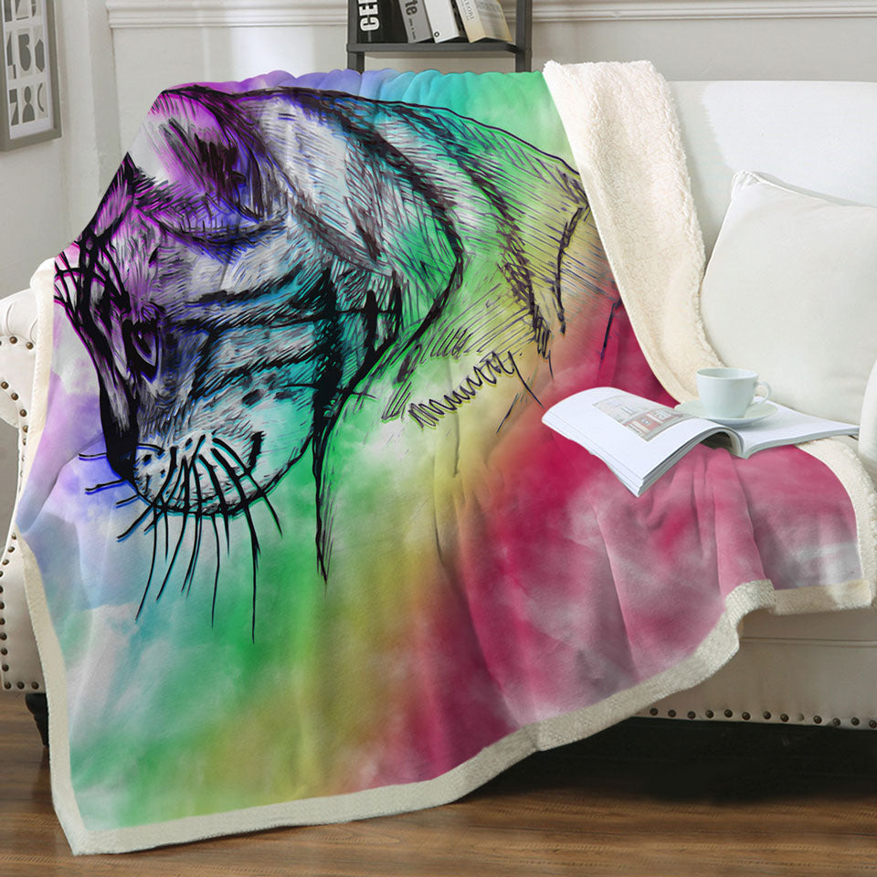 Cat Throws Art Cat Drawing over Rainbow Fog