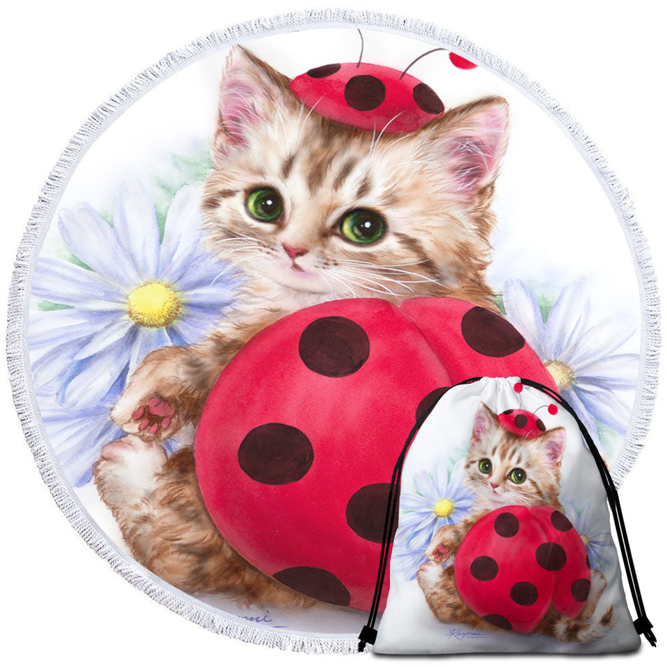 Cat Travel Beach Towel for Kids Daisy Flowers and Ladybug Kitten