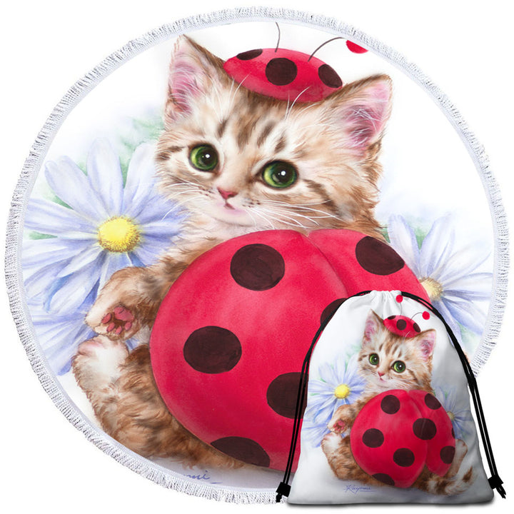 Cat Travel Beach Towel for Kids Daisy Flowers and Ladybug Kitten
