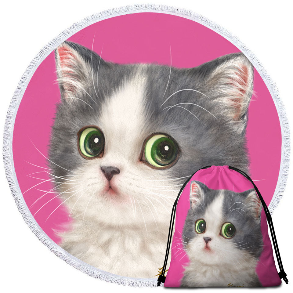 Cats Art Adorable Shy Kitten Over Pink Beach Towels and Bags Set