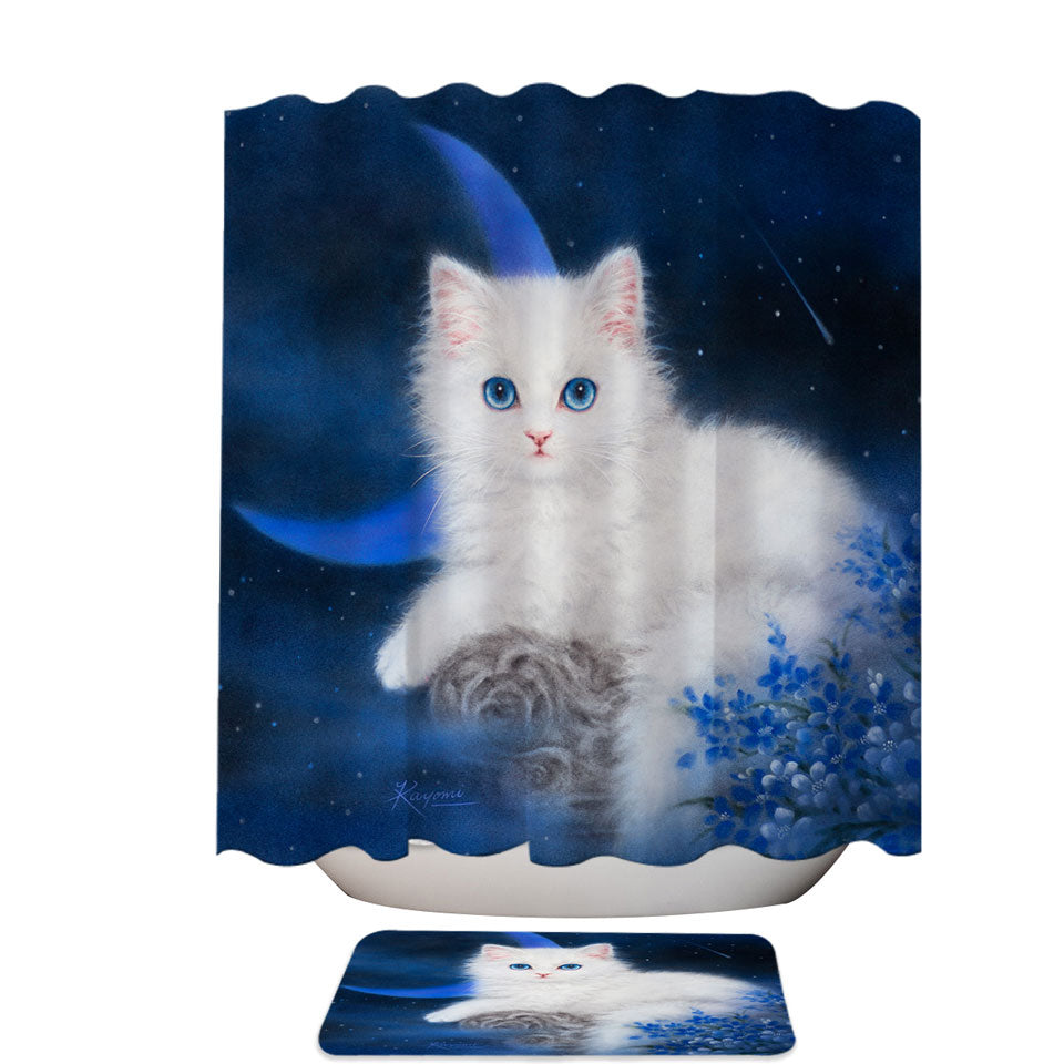 Cats Art Blue Moon Night Kitten Fabric Shower Curtain