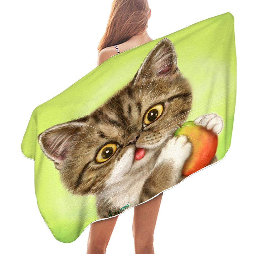 Cats Art Paintings Microfiber Beach Towel Cute Pear Eating Kitten