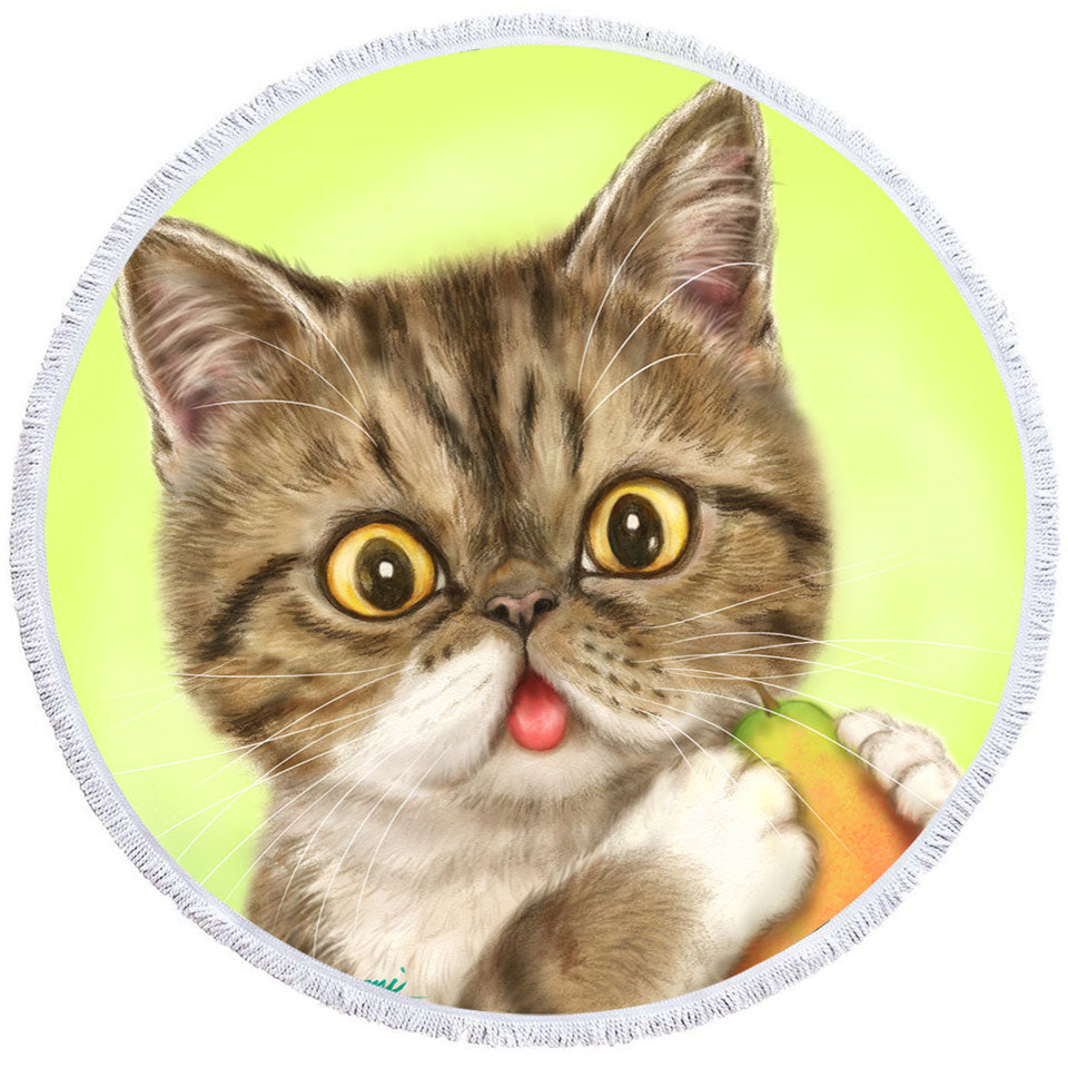 Cats Art Paintings Unique Beach Towels Cute Pear Eating Kitten