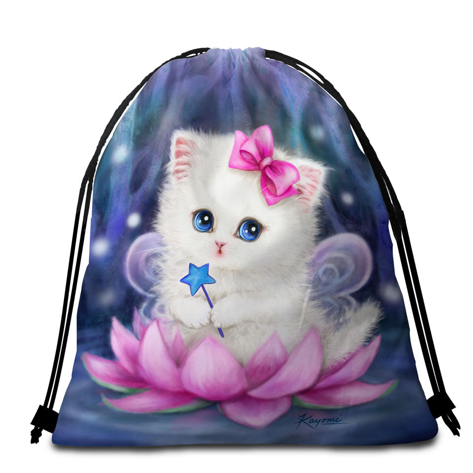 Cats Art Pink Lotus Fairy Kitten Beach Towel Bags for Girls