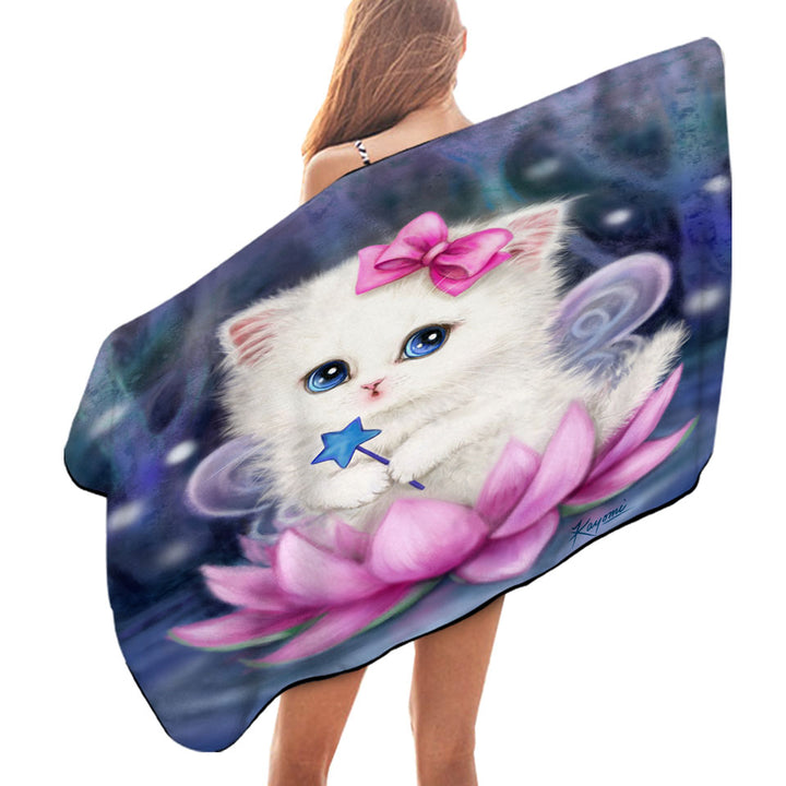 Cats Art Pink Lotus Fairy Kitten Beach Towels for Girls