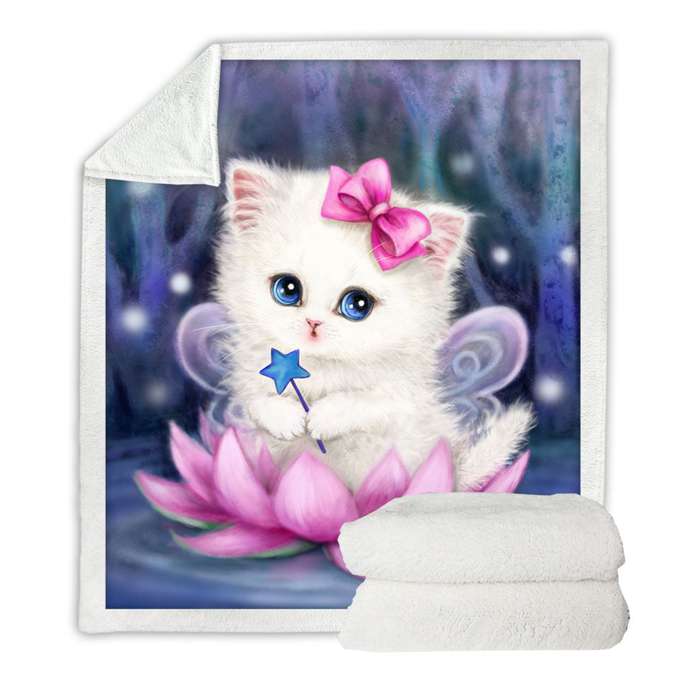 Cats Art Pink Lotus Fairy Kitten Fleece Blankets for Girls