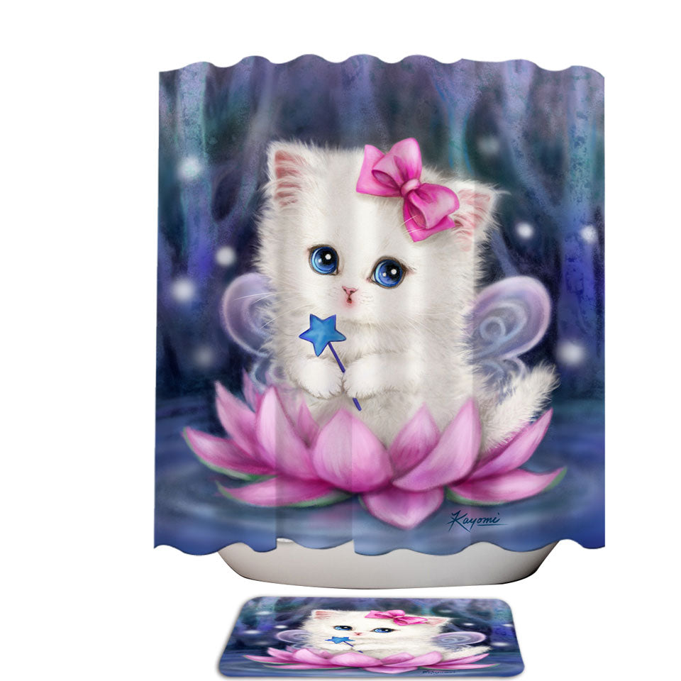 Cats Art Pink Lotus Fairy Kitten Shower Curtains for Girls