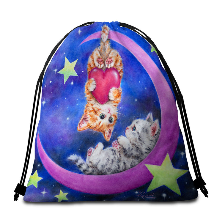 Cats Art Romantic Beach Towel Bags Moon Space Starts and Kittens