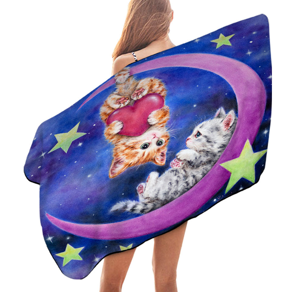 Cats Art Romantic Beach Towels Moon Space Starts and Kittens