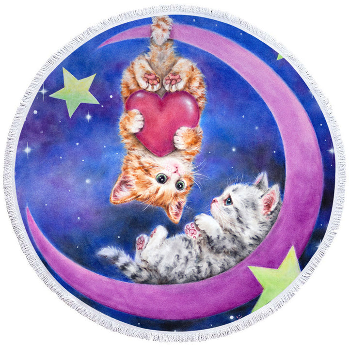 Cats Art Romantic Round Beach Towel Moon Space Starts and Kittens