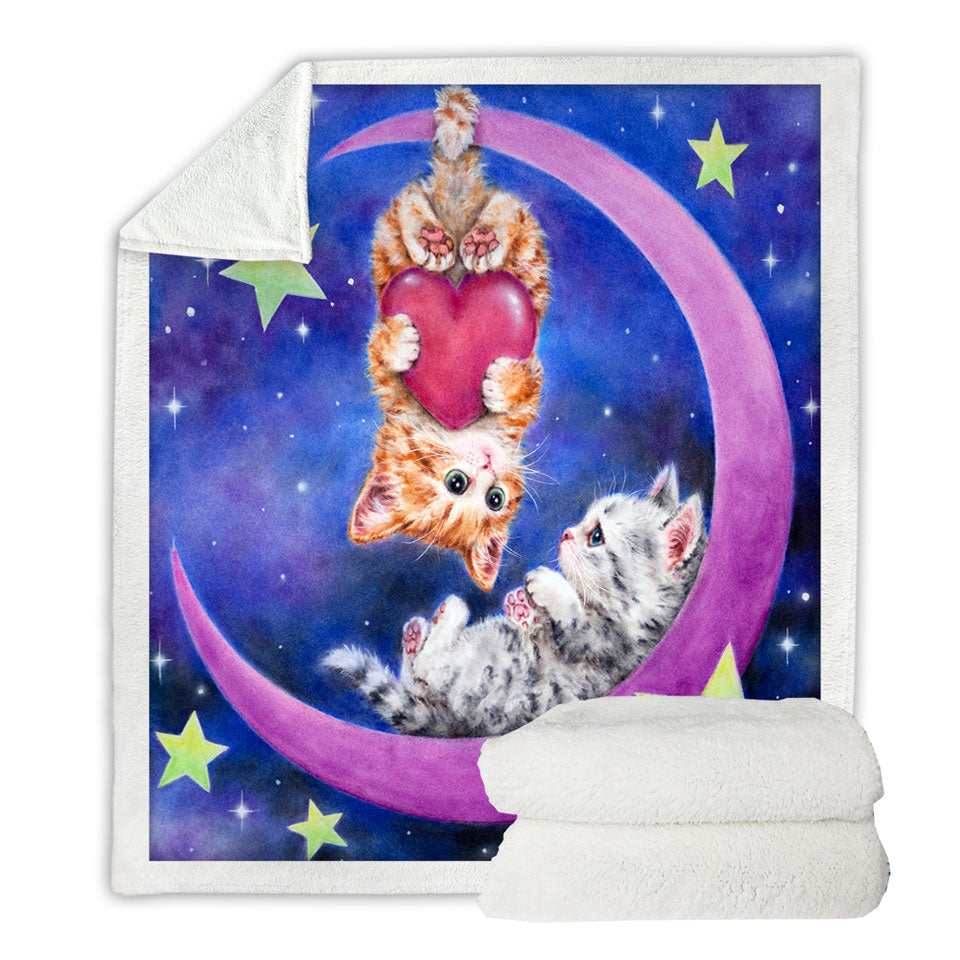 Cats Art Romantic Sherpa Blanket Moon Space Starts and Kittens