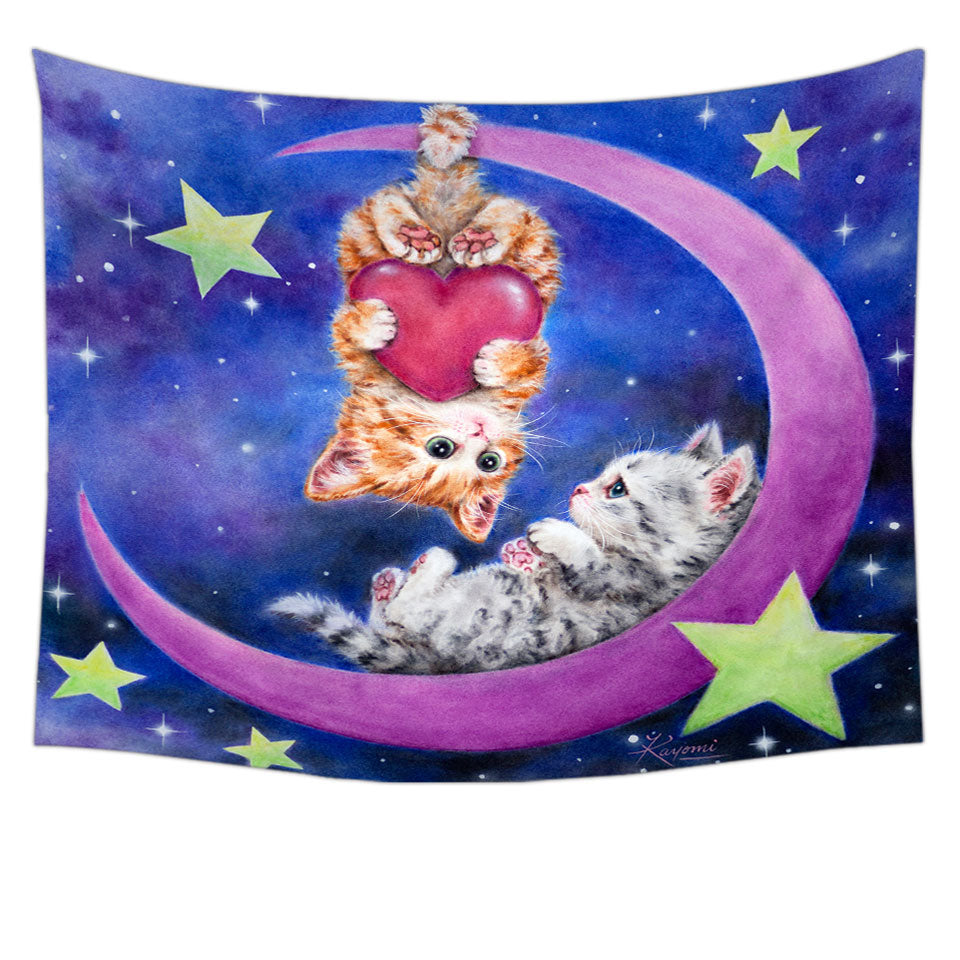 Cats Art Romantic Tapestry Moon Space Starts and Kittens