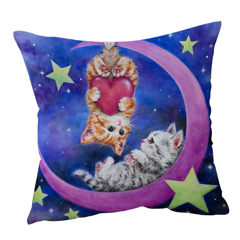 Cats Art Romantic Throw Pillow Moon Space Starts and Kittens