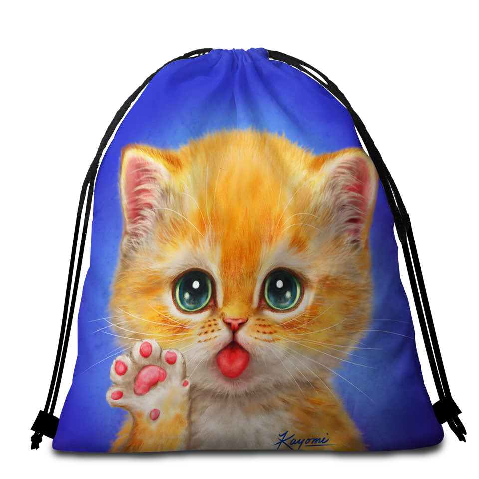 Cats Beach Towel Bags for Kids Hi There Sweet Greeting Kitten
