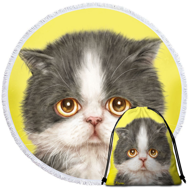 Cats Cute Faces Drawings Sad Grey Kitten Round Beach Towel