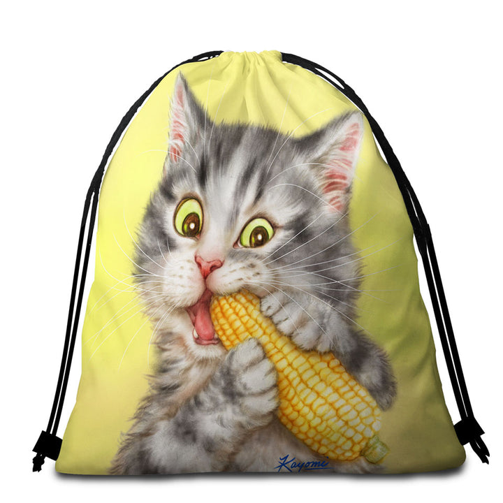 Cats Funny Art Painting Grey Tabby Eating Corn Beach Towel Pack