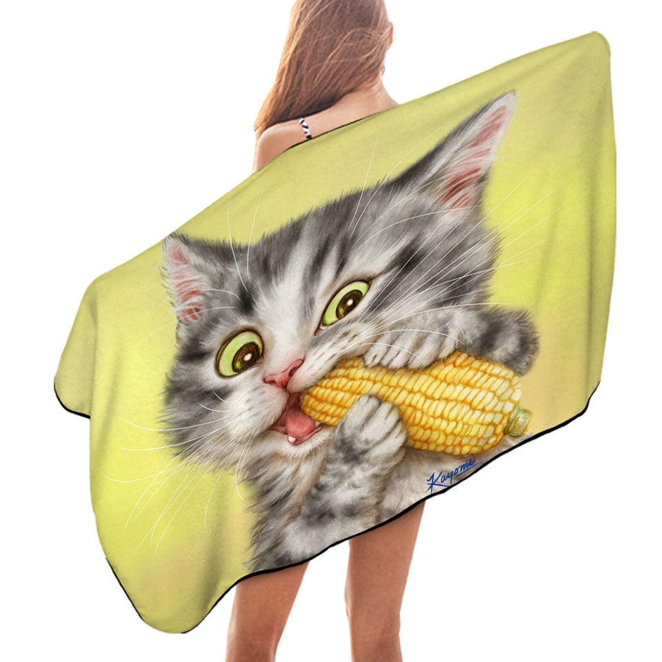 Cats Funny Art Painting Grey Tabby Eating Corn Beach Towel