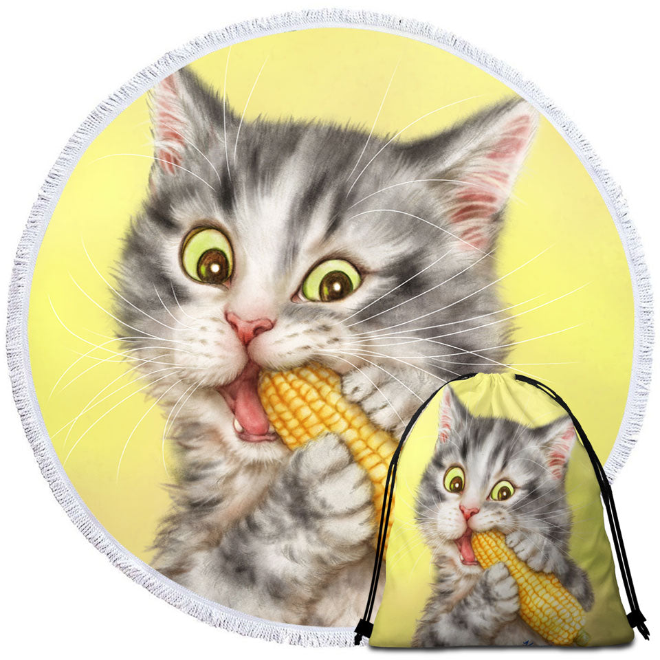 Cats Funny Art Painting Grey Tabby Eating Corn Beach Towels