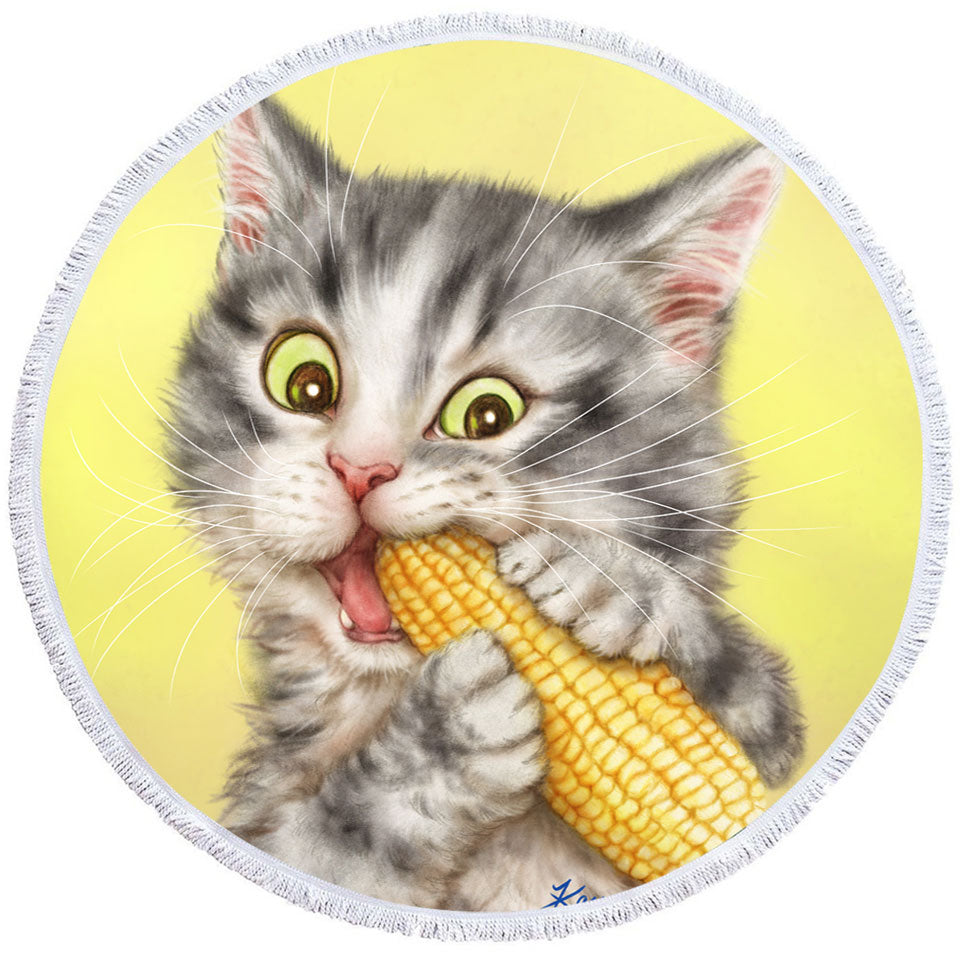 Cats Funny Art Painting Grey Tabby Eating Corn Circle beach Towel