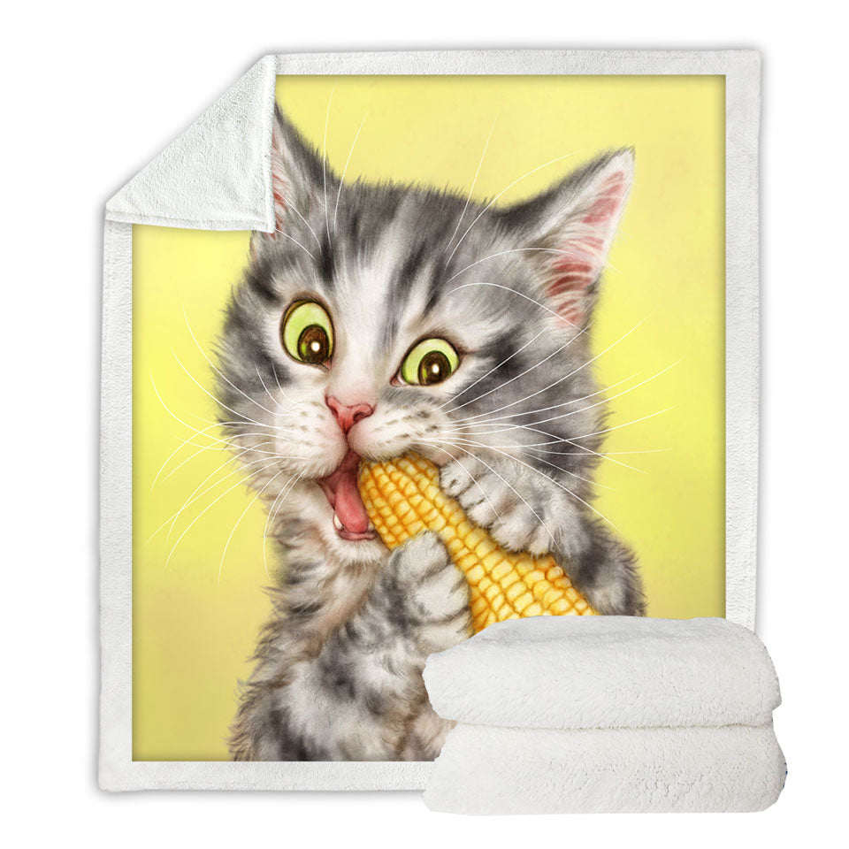 Cats Funny Art Painting Grey Tabby Eating Corn Sherpa Blanket