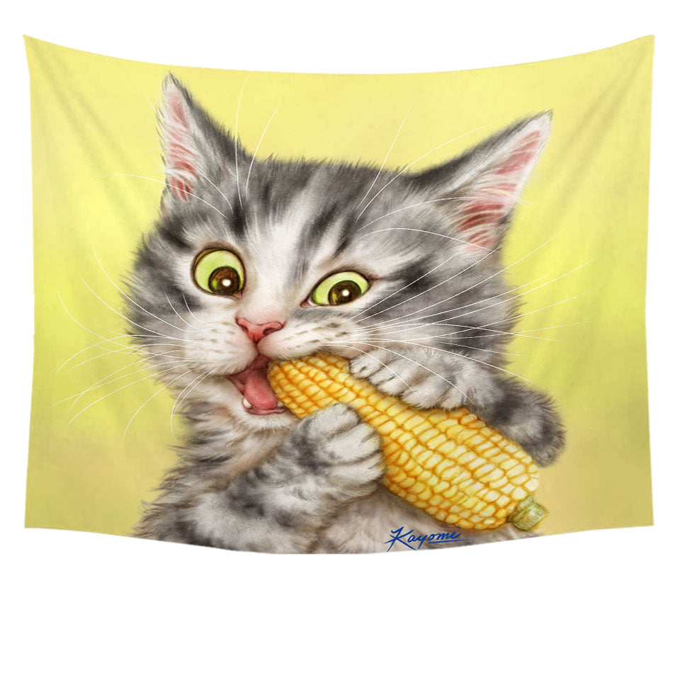 Cats Funny Art Painting Grey Tabby Eating Corn Tapestry
