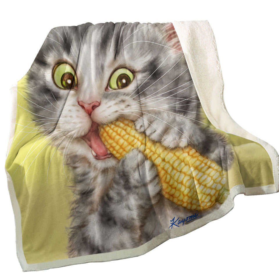 Cats Funny Art Painting Grey Tabby Eating Corn Throw Blanket