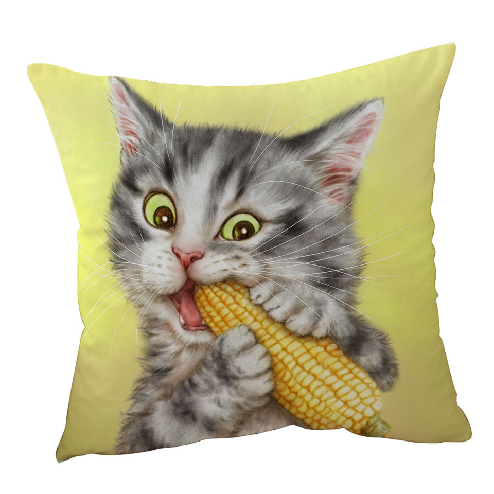 Cats Funny Art Painting Grey Tabby Eating Corn Throw Pillow and Cushion