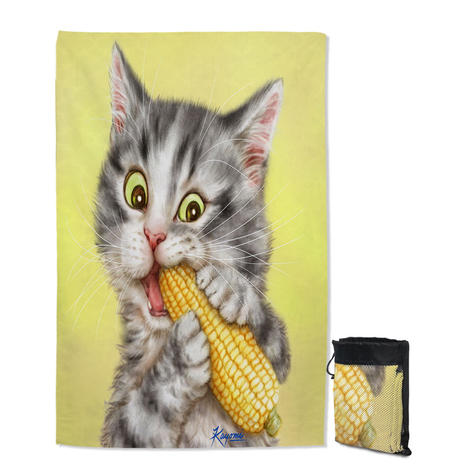 Cats Funny Art Painting Grey Tabby Eating Corn Travel Beach Towel