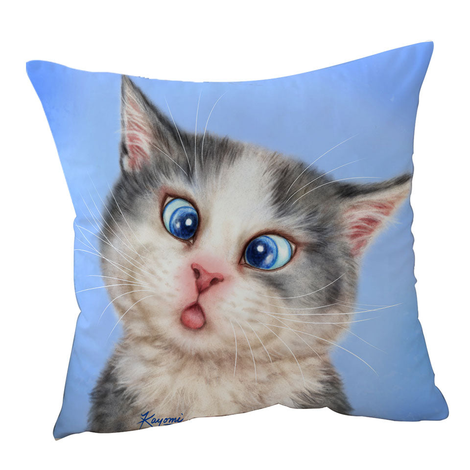 Cats Funny Decorative Pillows with Faces Drawings Blue Eyes Grey Kitten