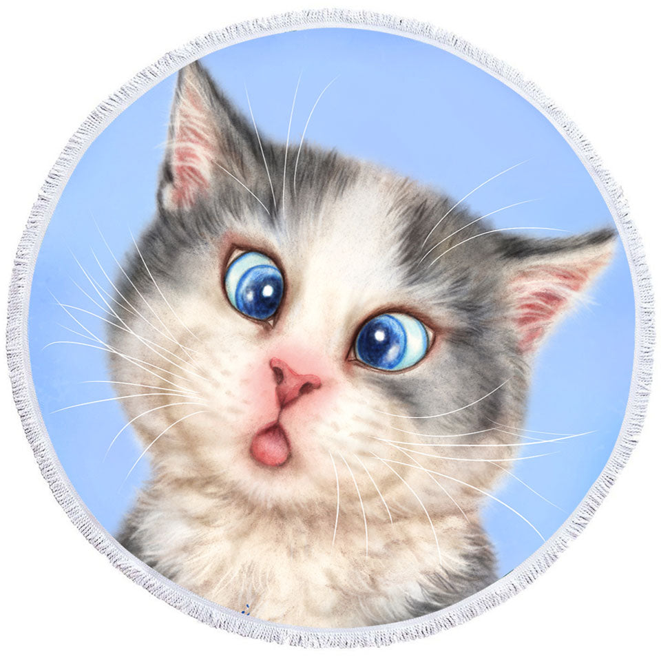 Cats Funny Faces Drawings Blue Eyes Grey Kitten Round Towel