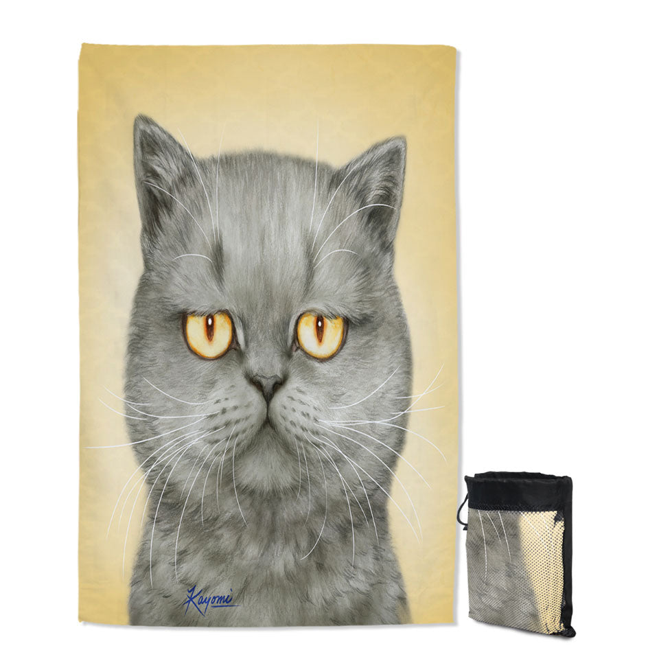 Cats Giant Beach Towel Art Paintings Yellow Eye Cranky Grey Cat